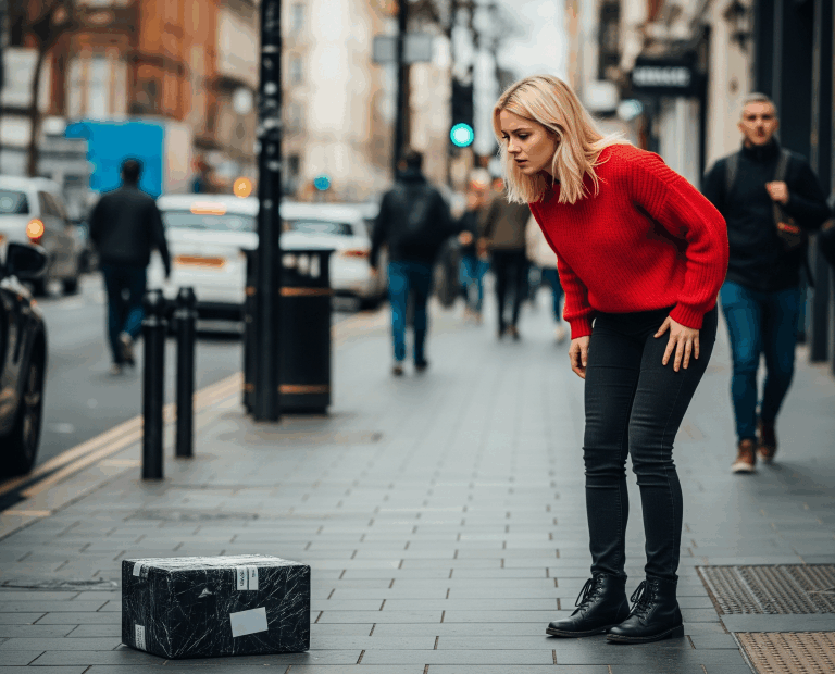 mulher olhando pacote suspeito